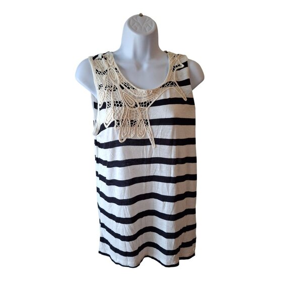 Popora Top S Blue White Striped Sleeveless Lace Applique Neckline Normcore - Picture 1 of 9